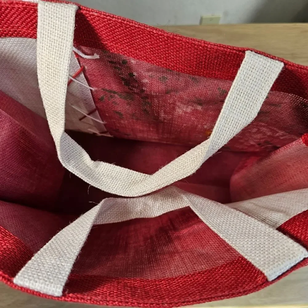 Hand-Made Tote Bag Christmas Jute Craft-Fabric Ribbon Flowers Hand Painted Gift